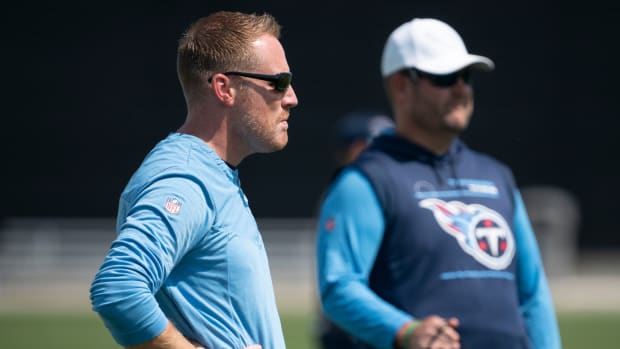 Tennessee Titans offensive coordinator Todd Downing looks over the field during practice at Ascension Saint Thomas Sports Park Thursday, Sept. 15, 2022, in Nashville, Tenn.